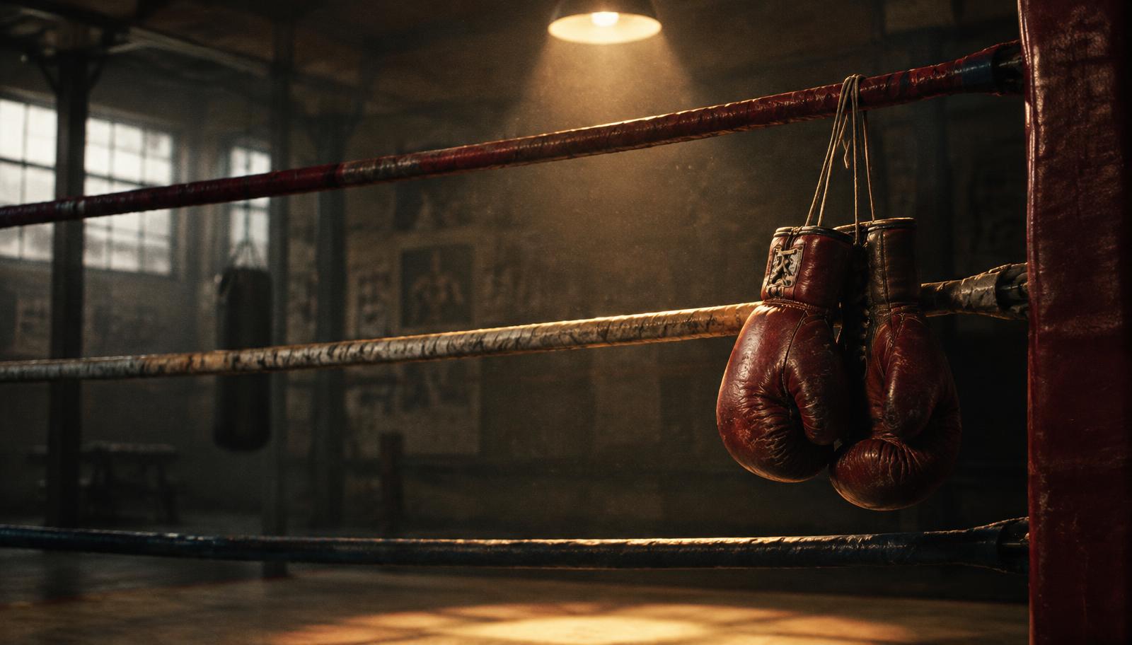 Editorial illustration of vintage boxing gloves hanging on ring ropes, evoking Prime Video's The Greatest